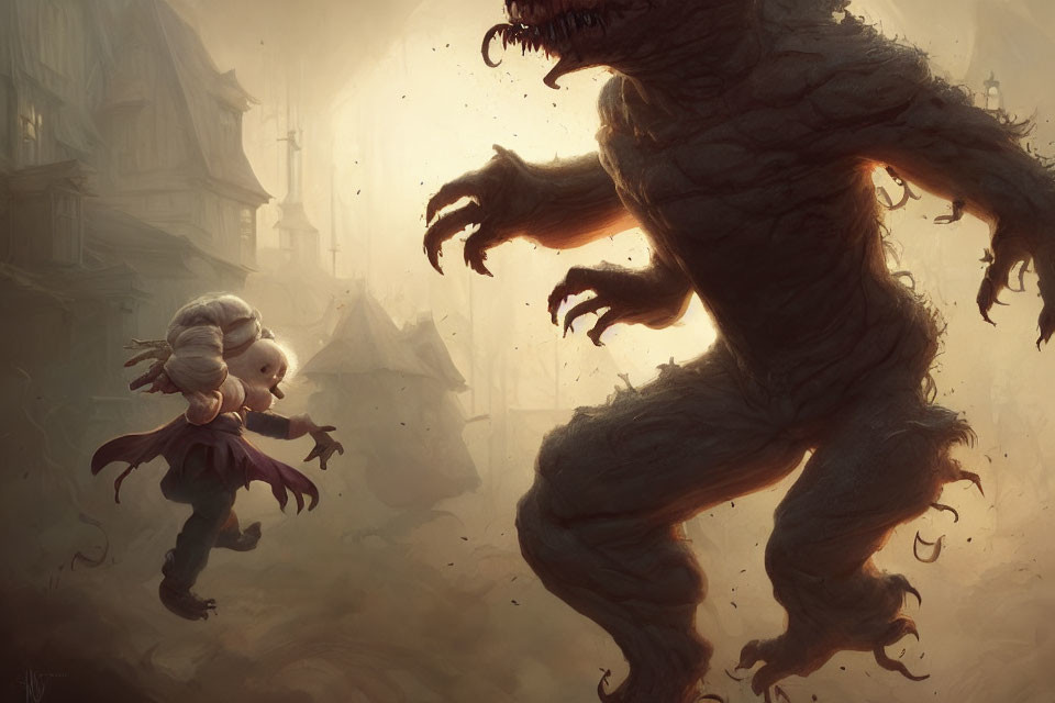 Fantastical setting with large menacing creature and small figure