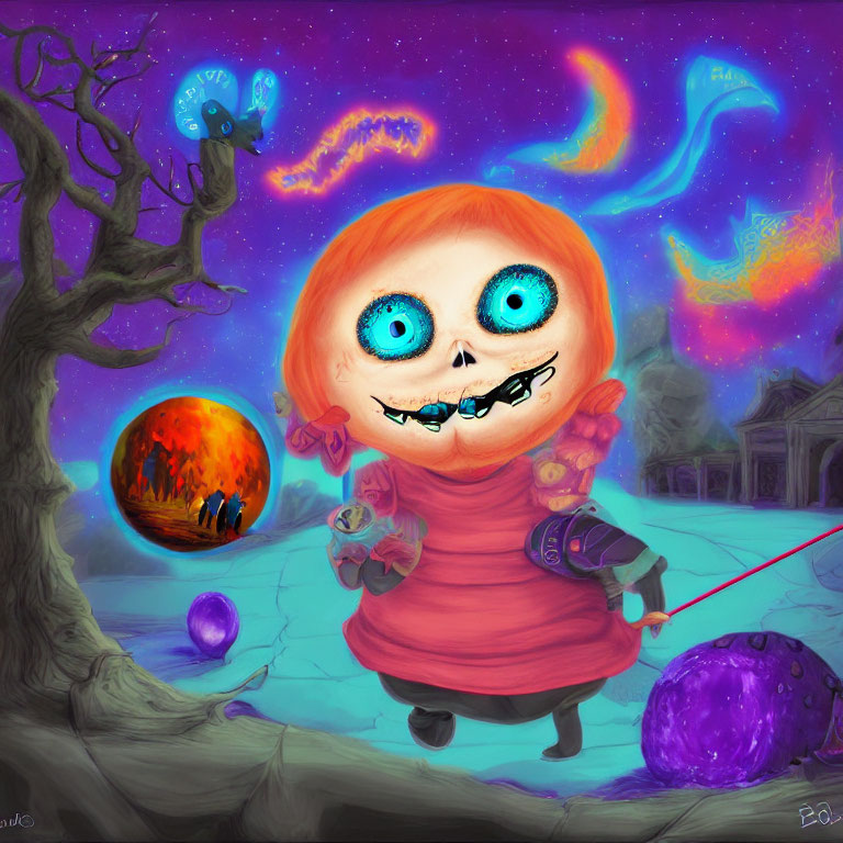 Colorful character with pumpkin head and wand in eerie setting