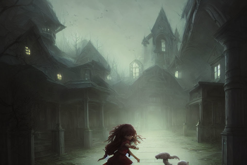 Fearful young girl running in foggy gothic street with teddy bear