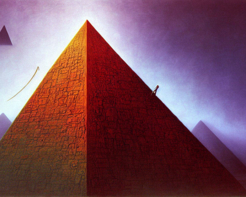 Surreal illustration of red pyramid with hieroglyphs under purple sky