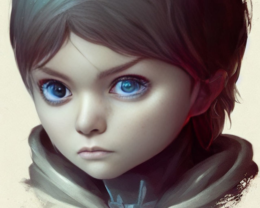 Realistic digital artwork of a child with blue eyes, brown hair, and green scarf