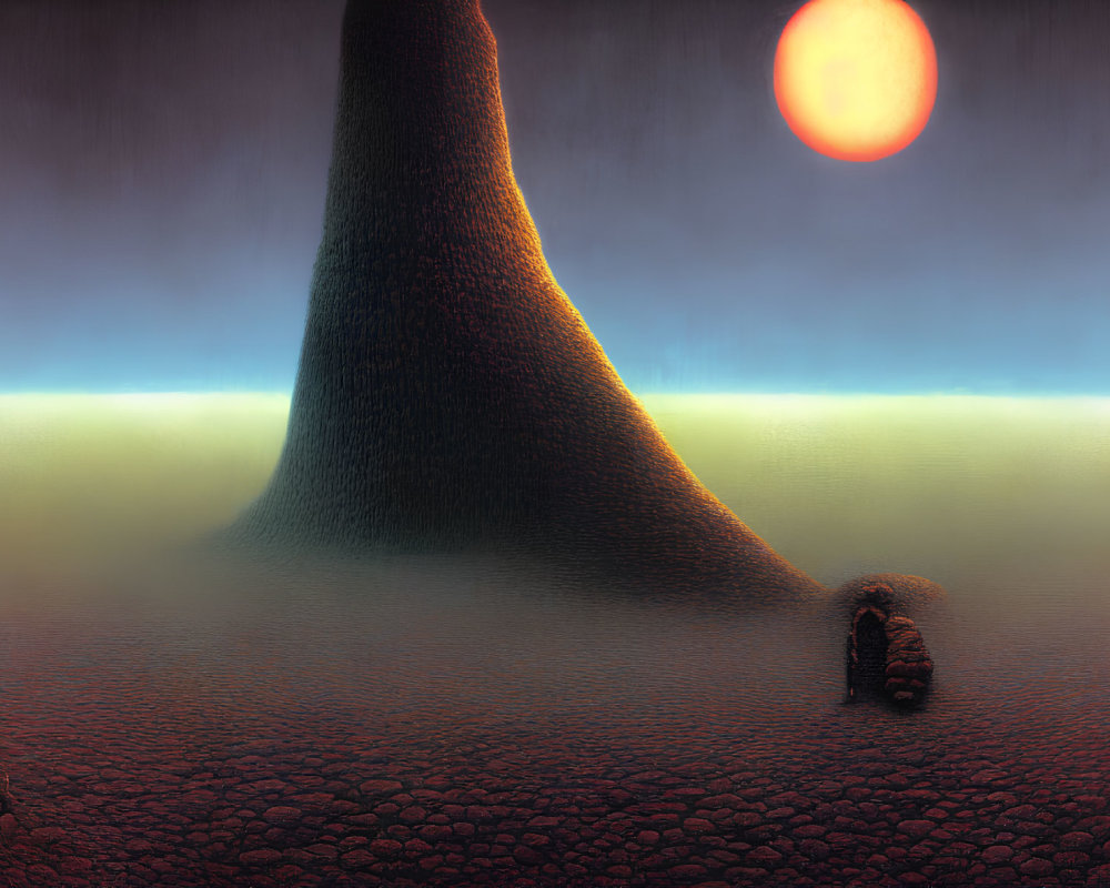 Surreal landscape with large mountain structure and red sun.