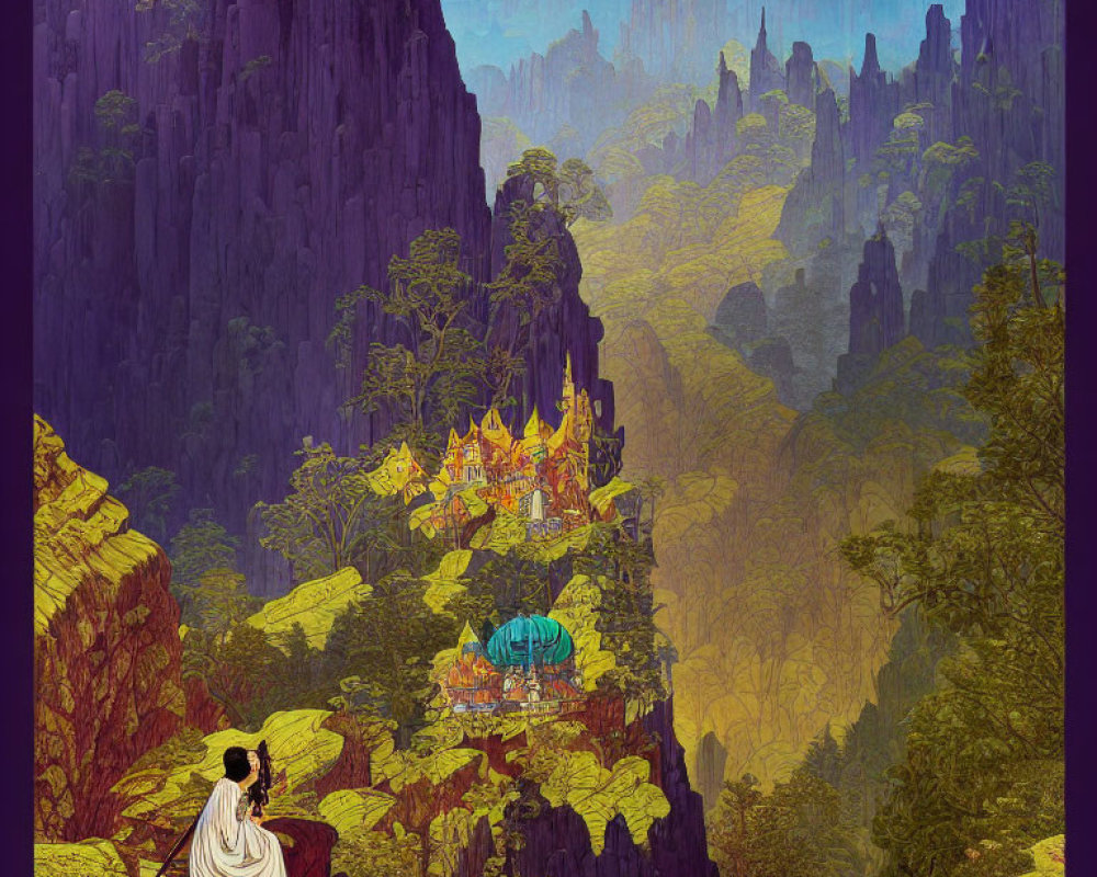 Illustrated scene: Character in white gazes at vibrant fantasy landscape
