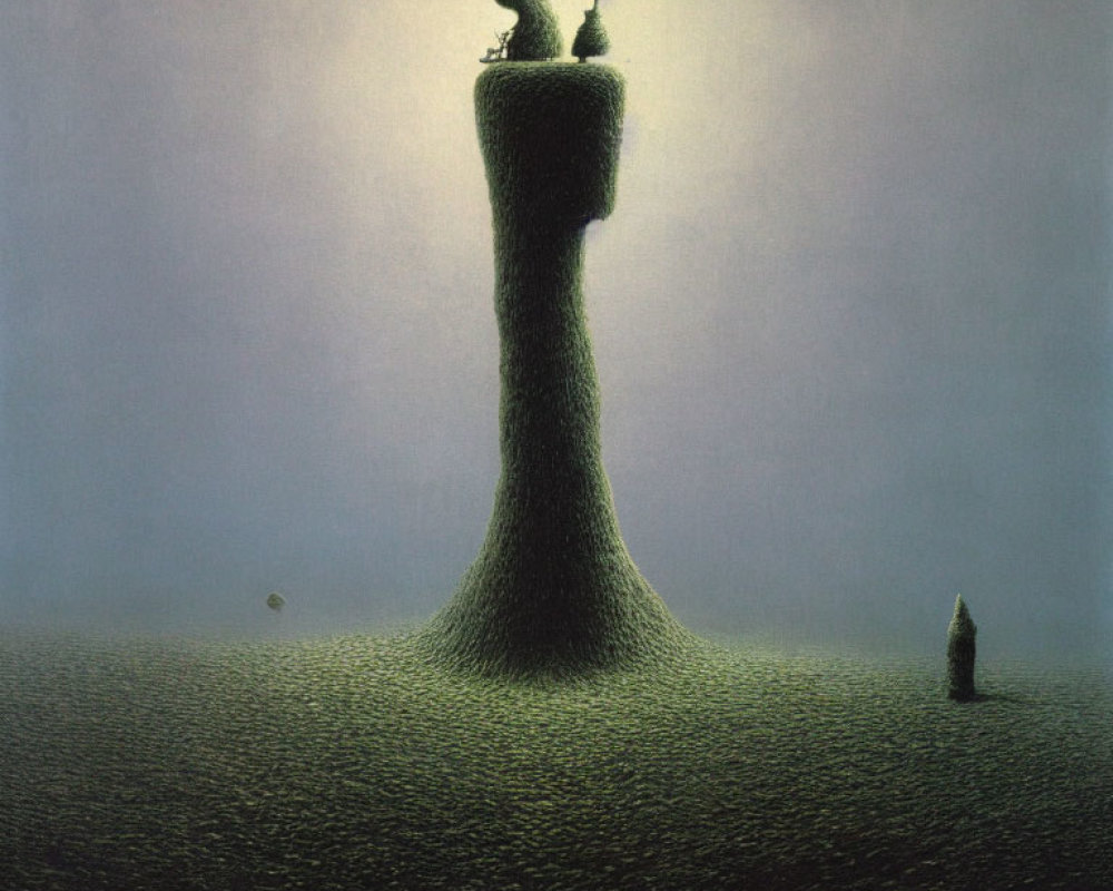 Surreal painting of tree-like structure with person and cat in hazy atmosphere