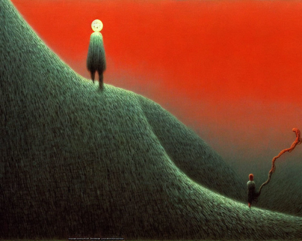 Surreal painting of two figures on grassy hills under a red sky