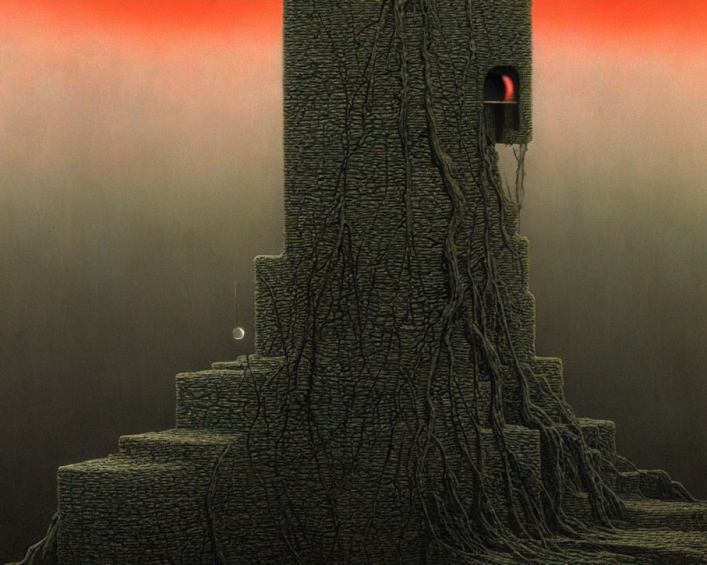 Surreal tower with textured vines in red-gradient sky landscape