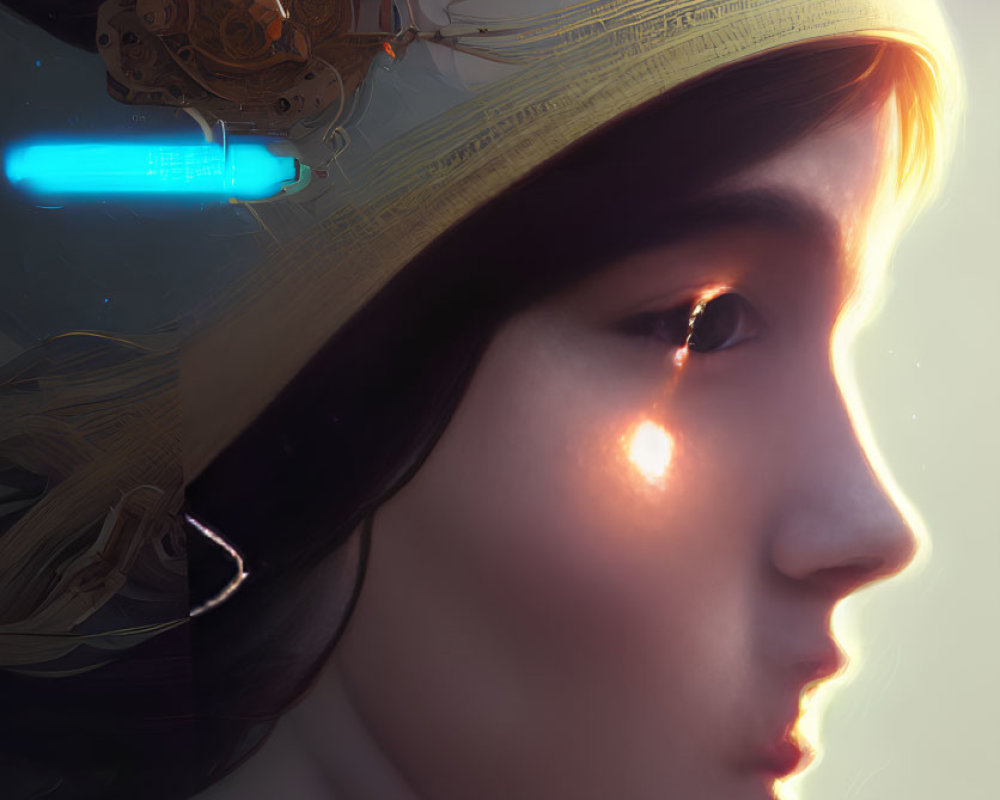 Profile portrait of woman in astronaut helmet with space reflections and warm light.