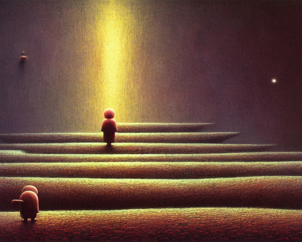Round-headed figurines on textured steps under a beam of light in dreamlike setting