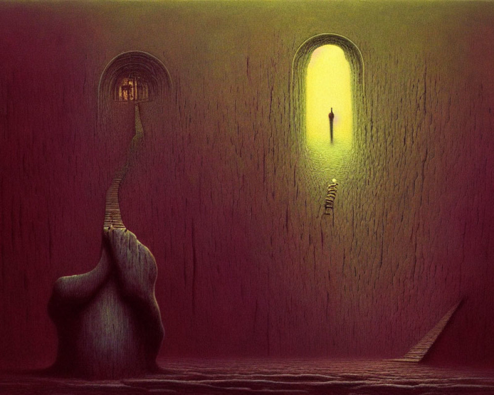 Surreal artwork featuring figure in doorway, elevated stairs, and elephant-like shape