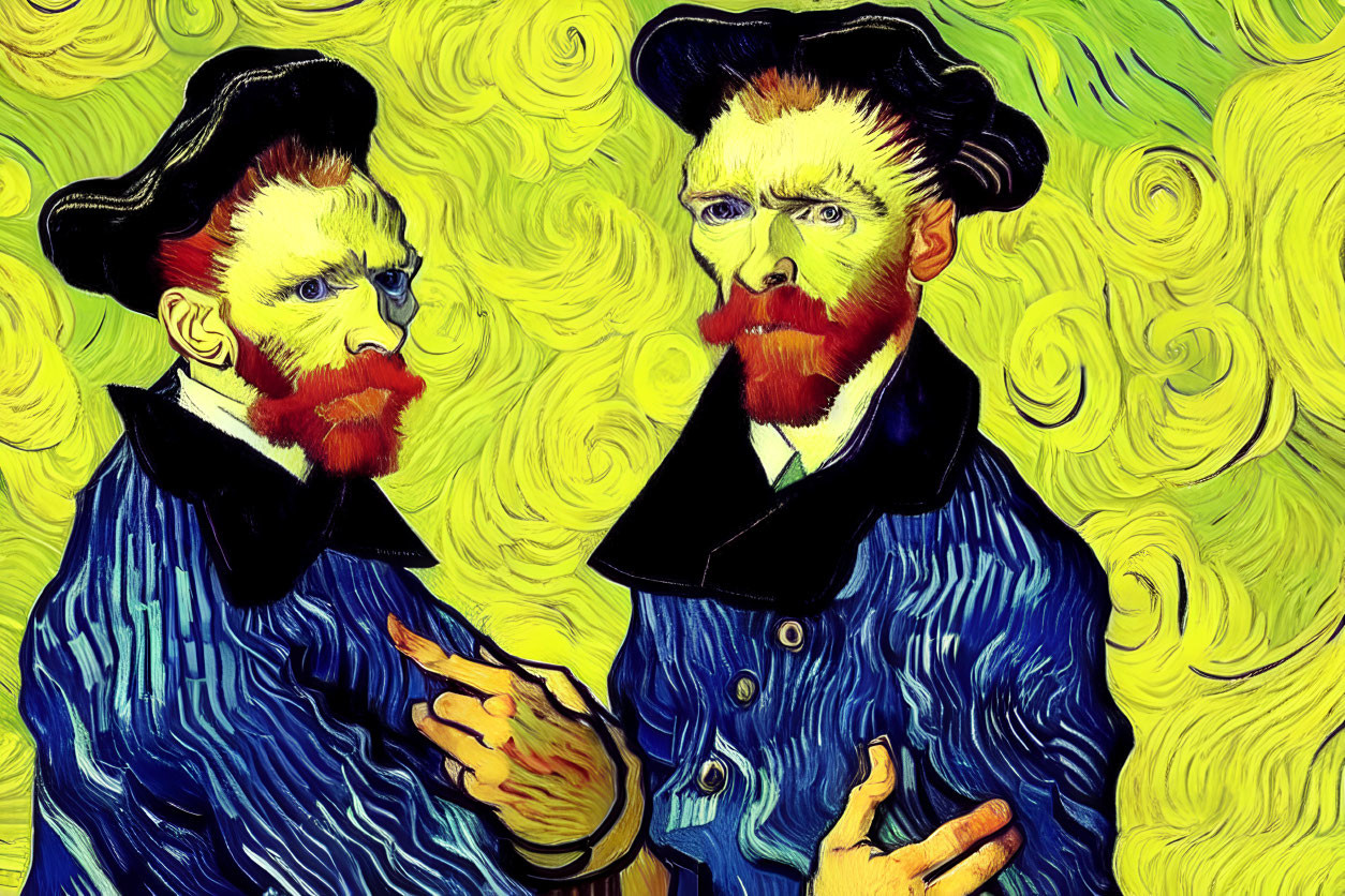 Van Gogh-inspired self-portraits with swirly yellow background.
