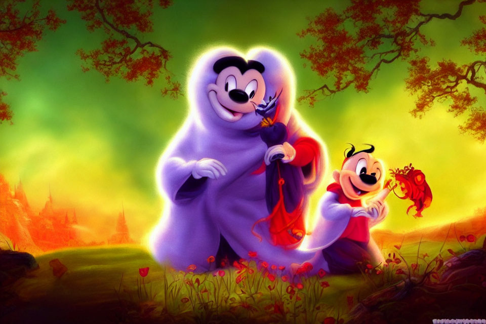 Animated ghost characters in vibrant forest with red flowers and sunlight.