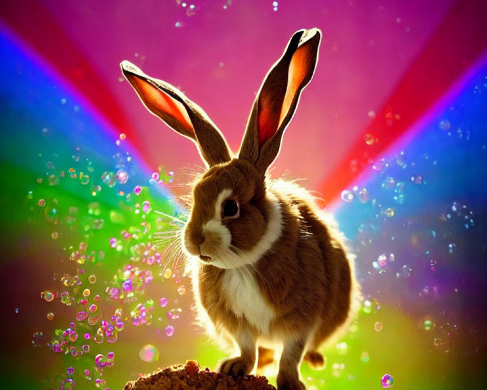 Rabbit on Mound with Vibrant Background and Light Rays