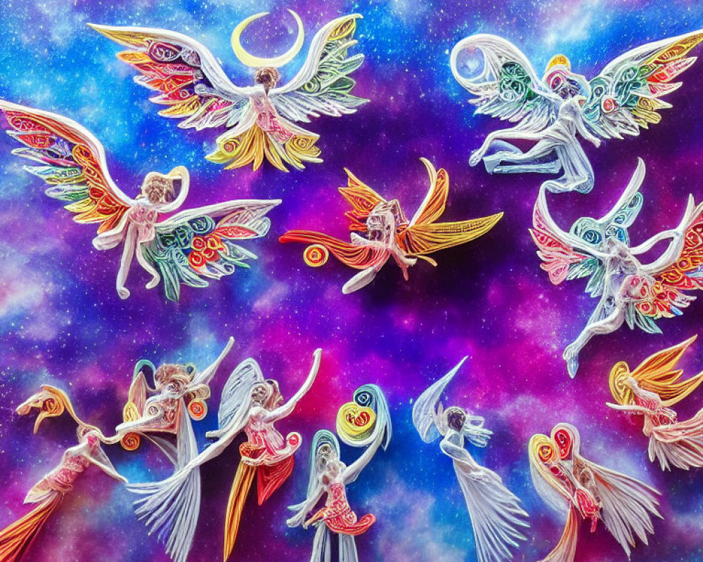Colorful ethereal angels with intricate wings and halos in celestial setting