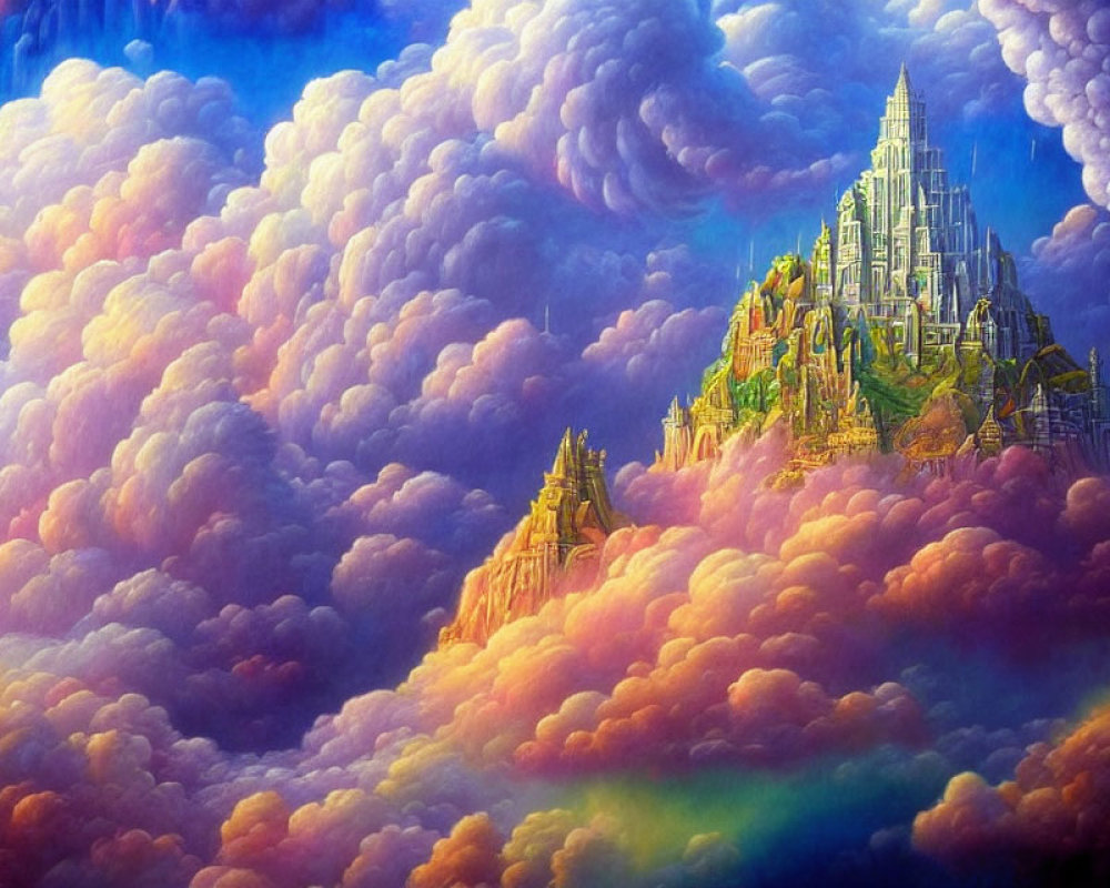 Vibrant, colorful clouds over majestic castle in dynamic sky