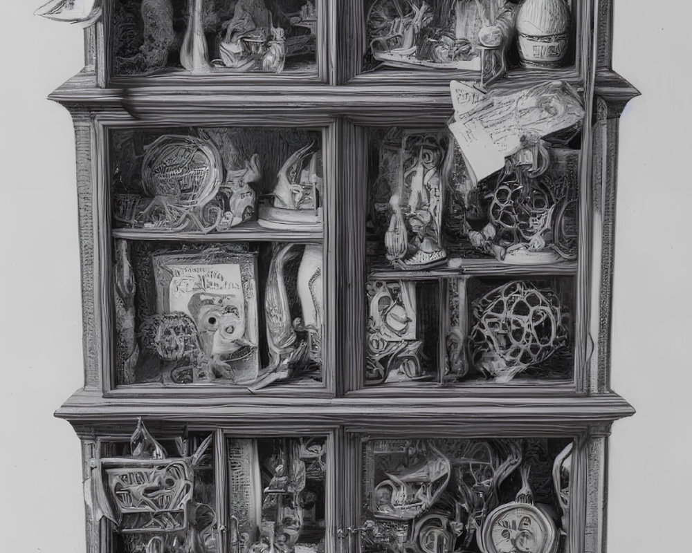 Detailed black and white drawing of elaborate bookcase with books, sculptures, vases, and ornaments