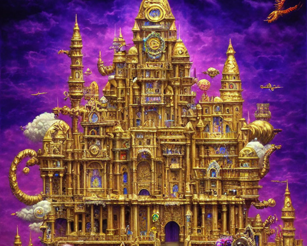 Golden Castle with Flying Creatures and Tentacles in Purple Starry Sky
