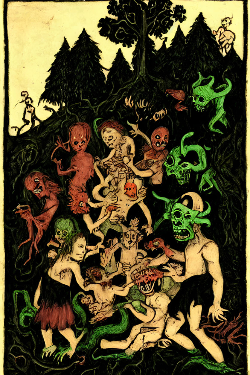 Eerie illustration of grotesque monster figures in a dark forest