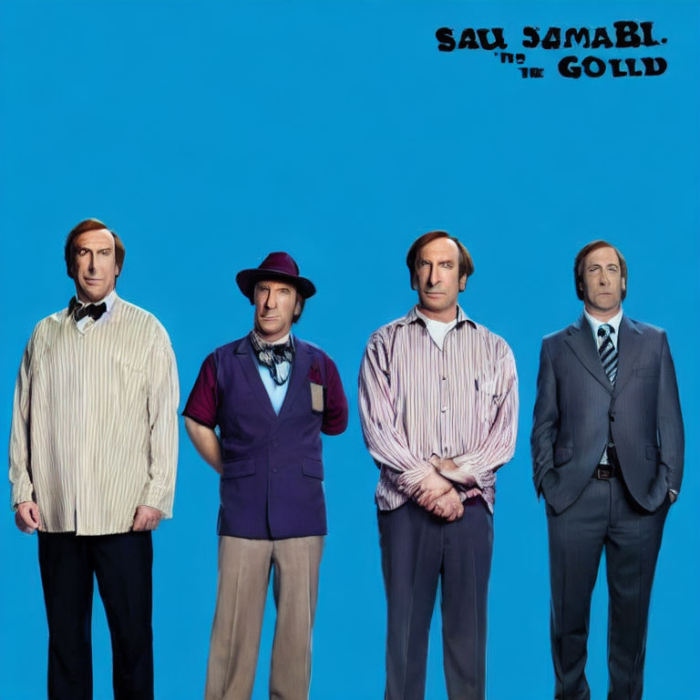 Four men in retro clothing against blue backdrop