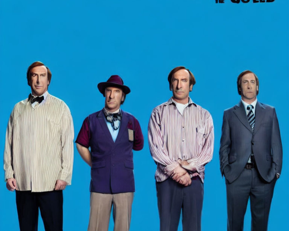 Four men in retro clothing against blue backdrop