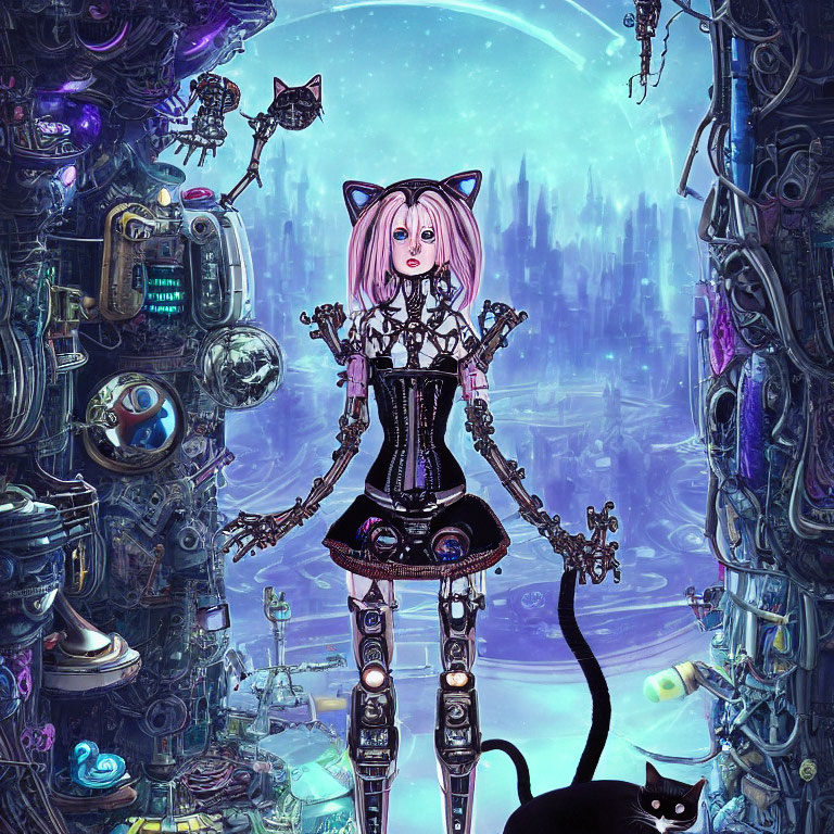 Digital Artwork: Cat-Eared Android Girl in Gothic Outfit with Pink Hair