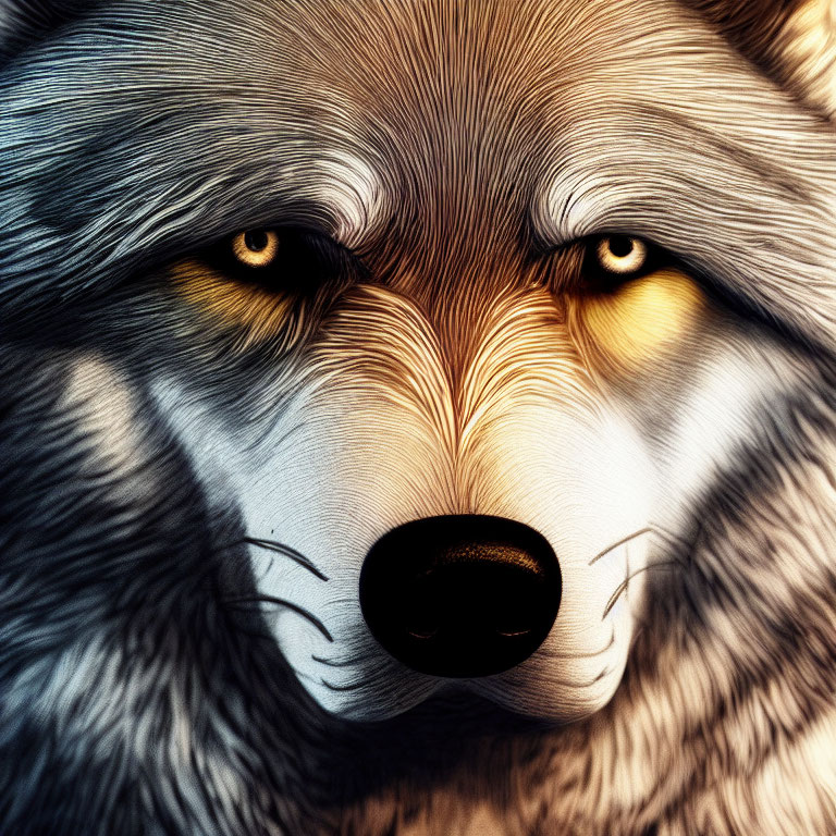 Detailed digital artwork: Wolf with intricate fur and intense yellow eyes