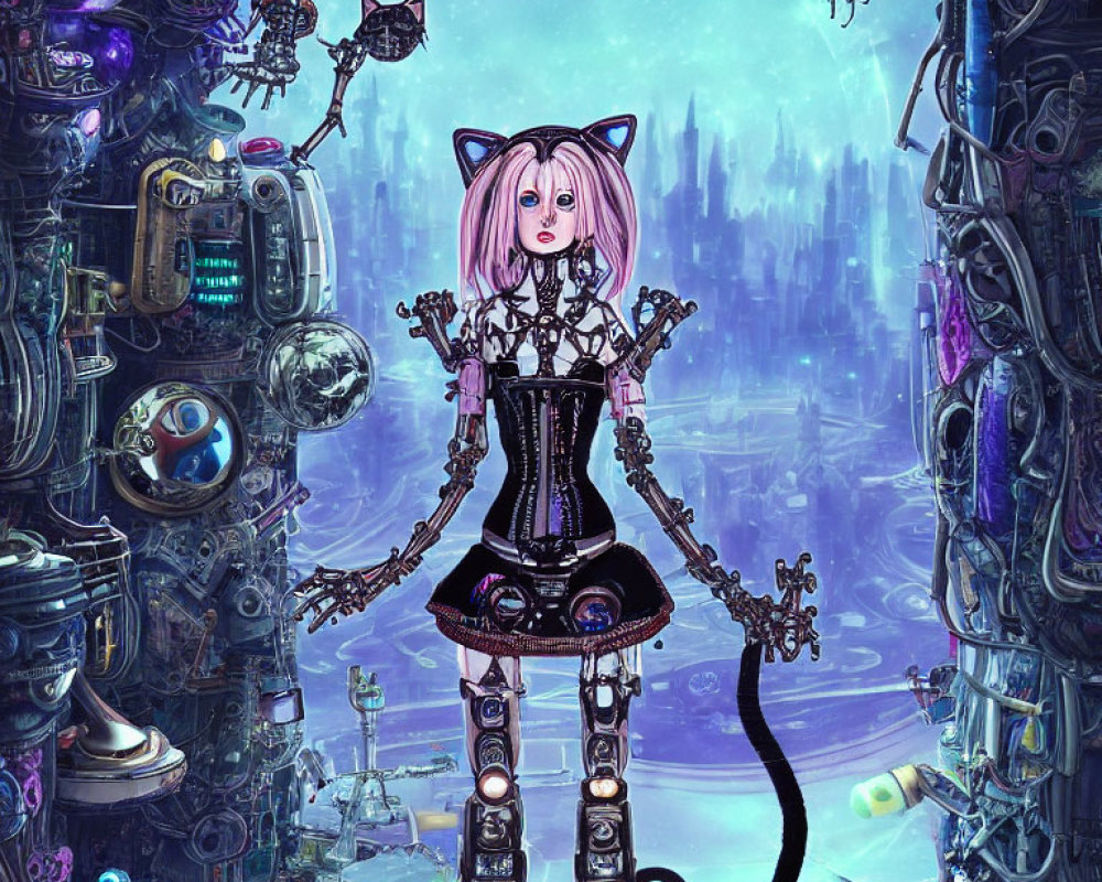 Digital Artwork: Cat-Eared Android Girl in Gothic Outfit with Pink Hair