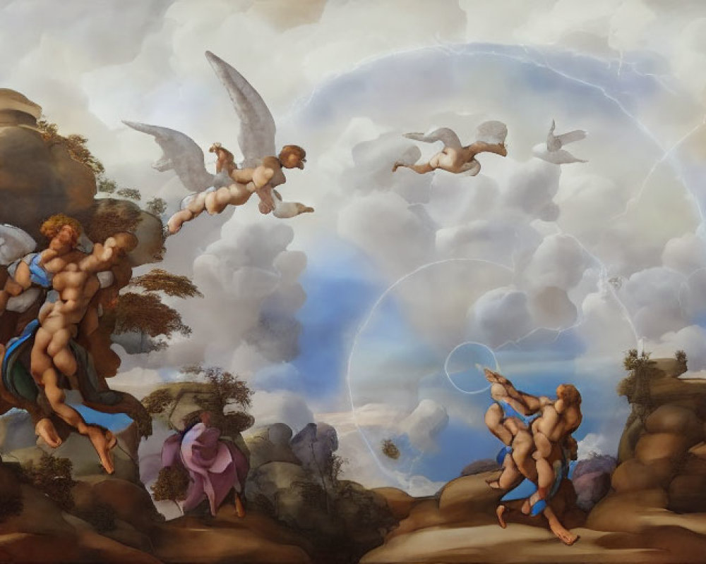 Classical painting of angels with trumpets and warriors in battle landscape