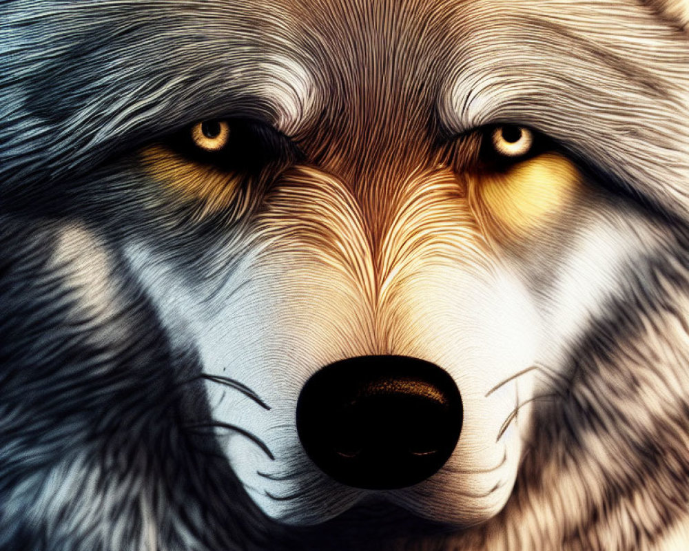Detailed digital artwork: Wolf with intricate fur and intense yellow eyes