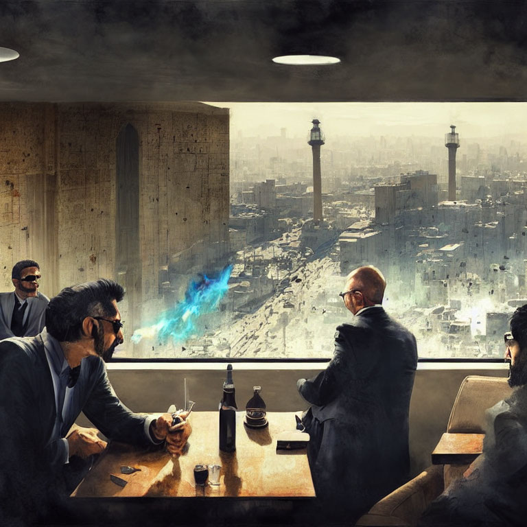Four Men in High-Rise Lounge with Dystopian Cityscape and Blue-Glowing Technology