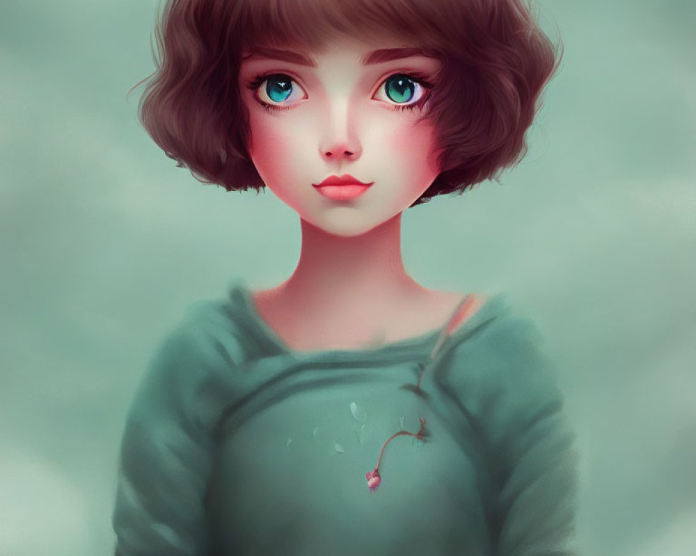 Girl with Teal Eyes and Flower Hair Illustration in Green Top