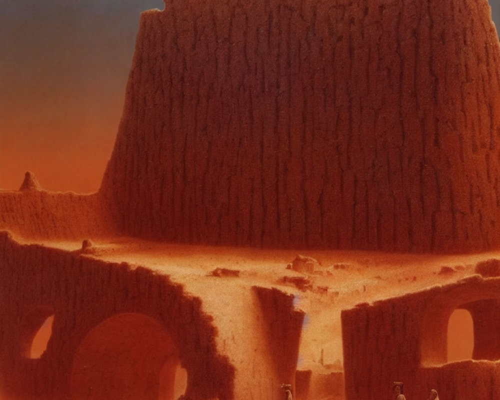 Majestic desert ruins with towering walls and figures walking.