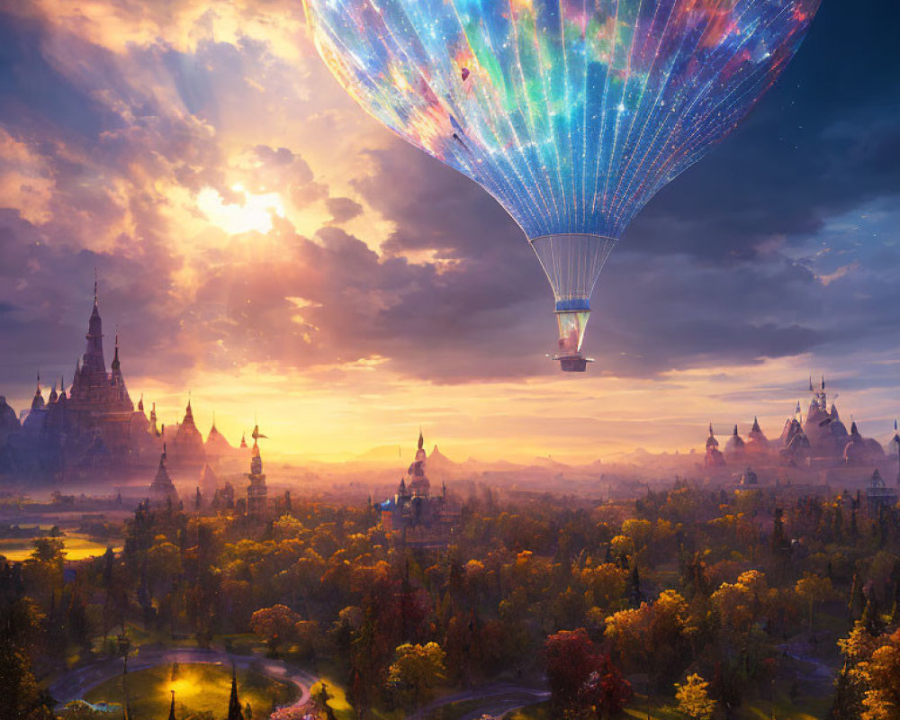 Colorful hot air balloon with galaxy design over fairytale landscape