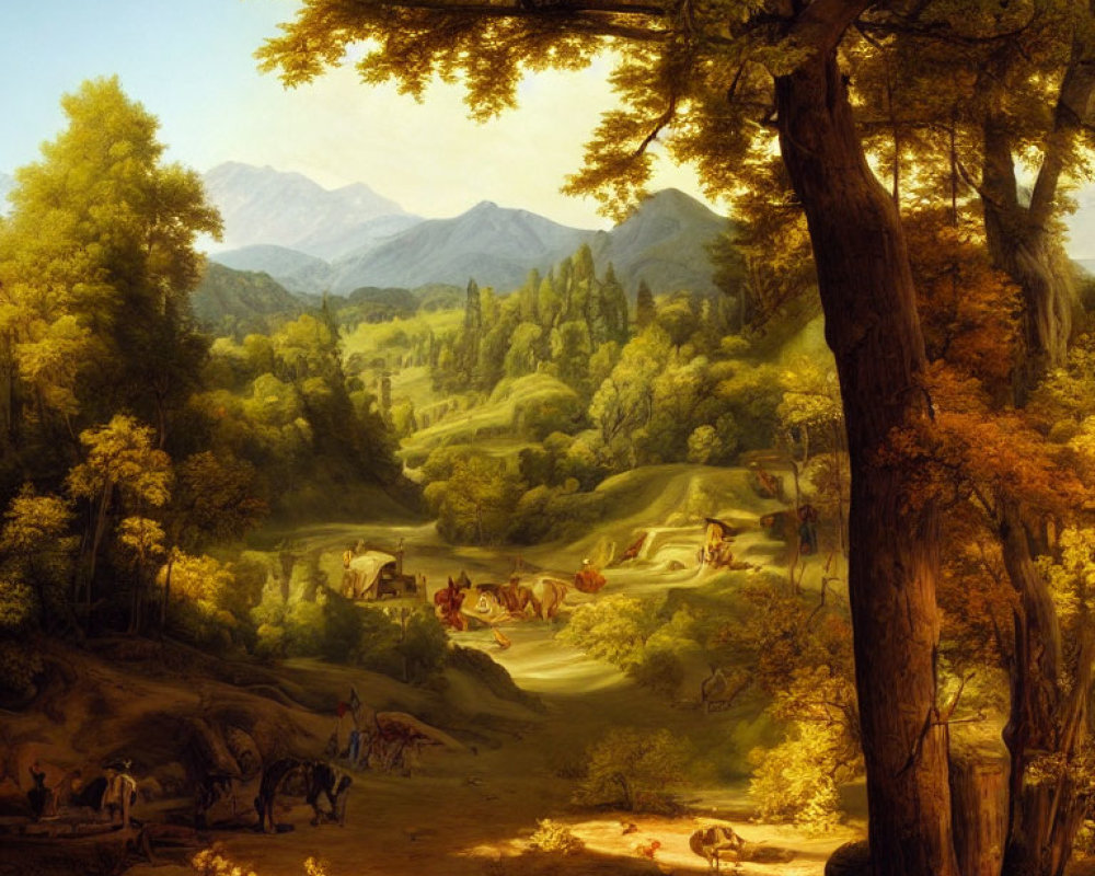 Tranquil landscape painting of lush forest with stream and mountains