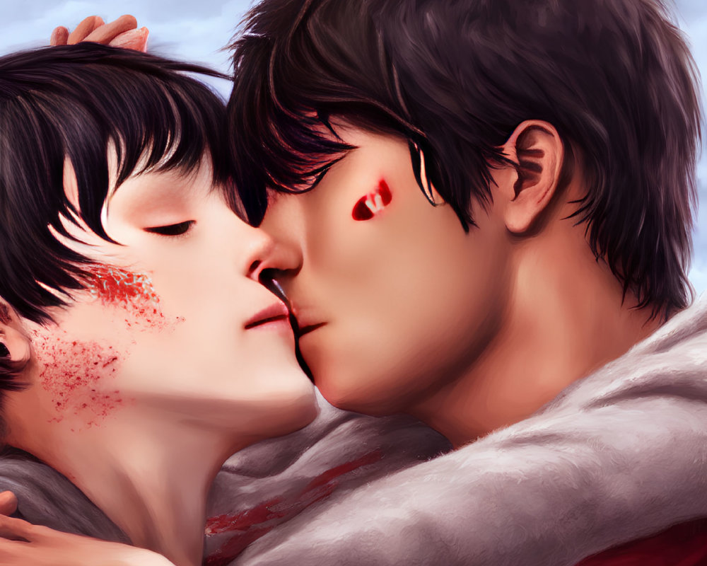 Anime-style characters in intimate moment with blood-stained face and cheek mark