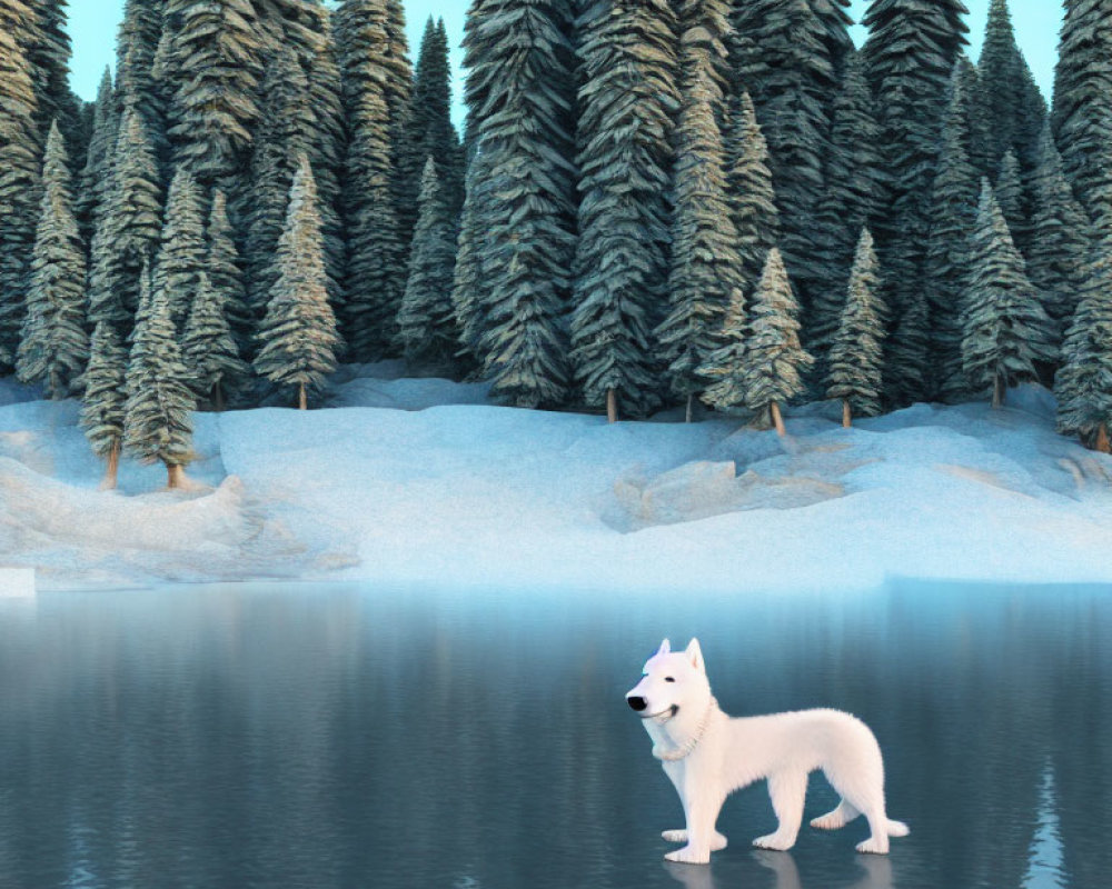 White Dog on Frozen Lake with Snow-Covered Pine Trees