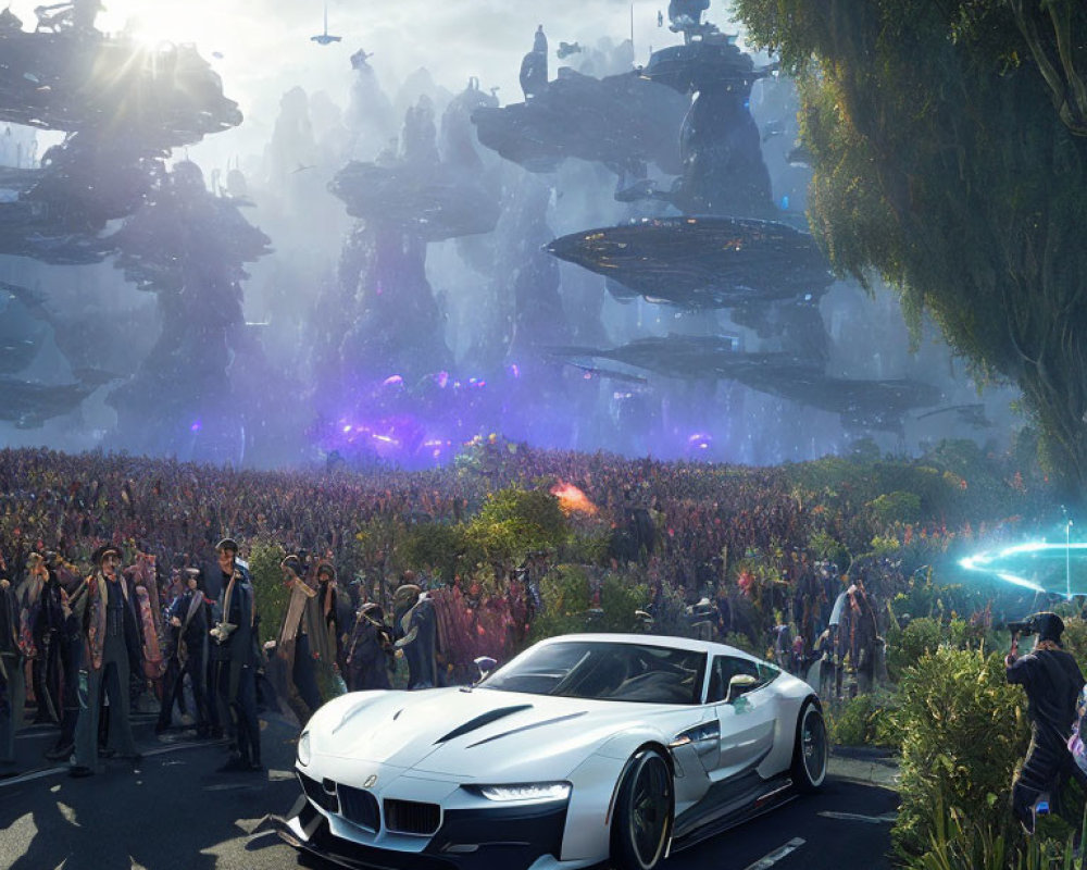 Futuristic white sports car on road with crowd and floating islands in advanced landscape