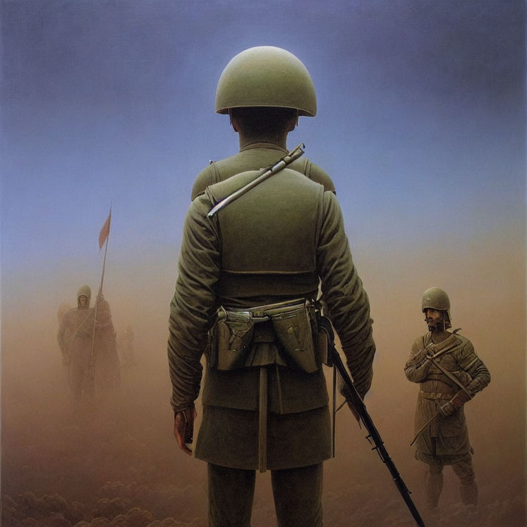Vintage Military Uniforms: Three Soldiers in Foggy Landscape