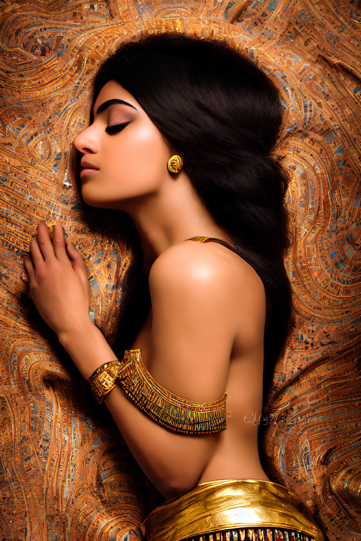 Dark-haired woman in golden jewelry against ornate backdrop
