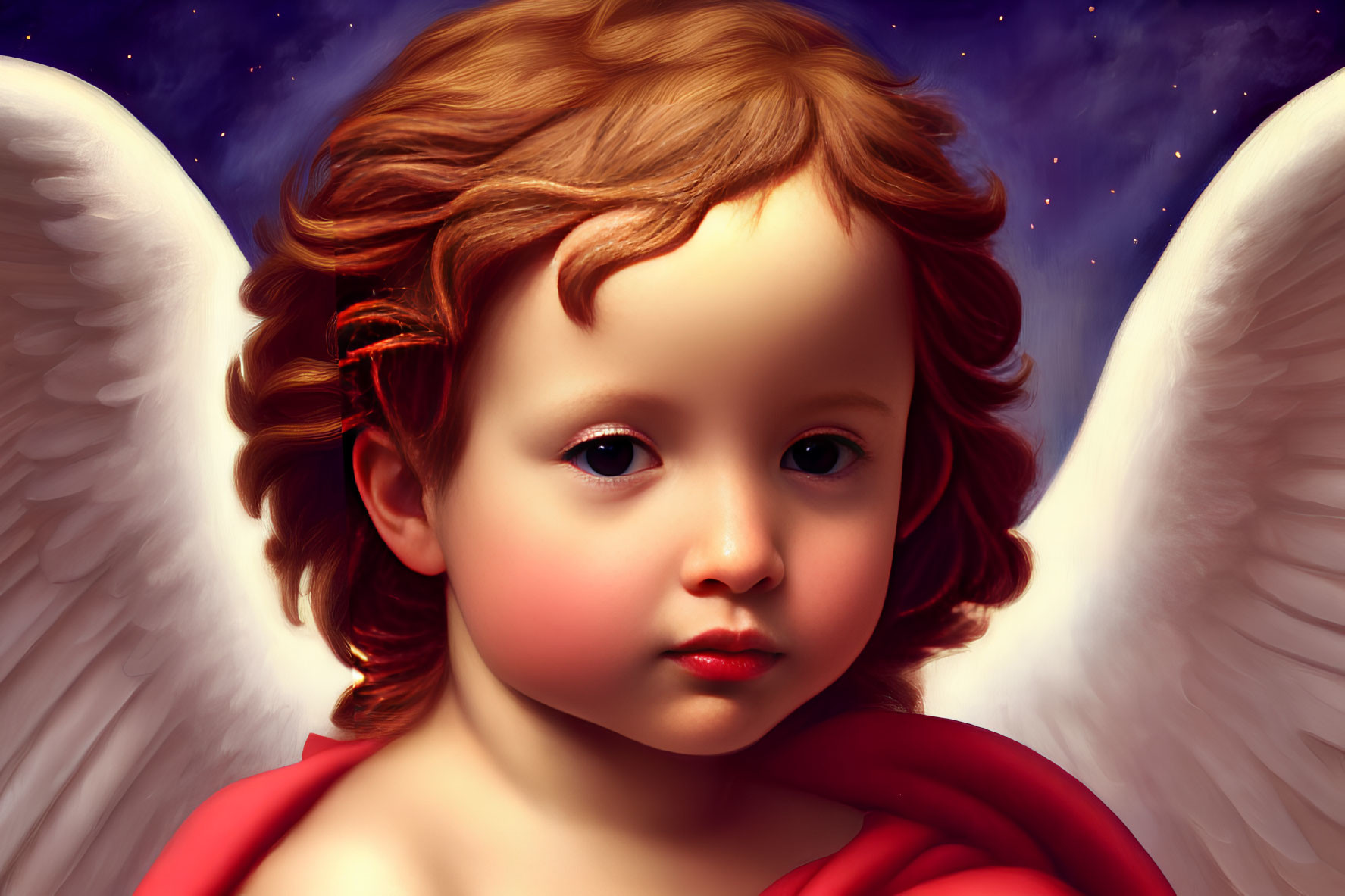 Cherubic figure with golden-brown hair and angelic wings in red cloak