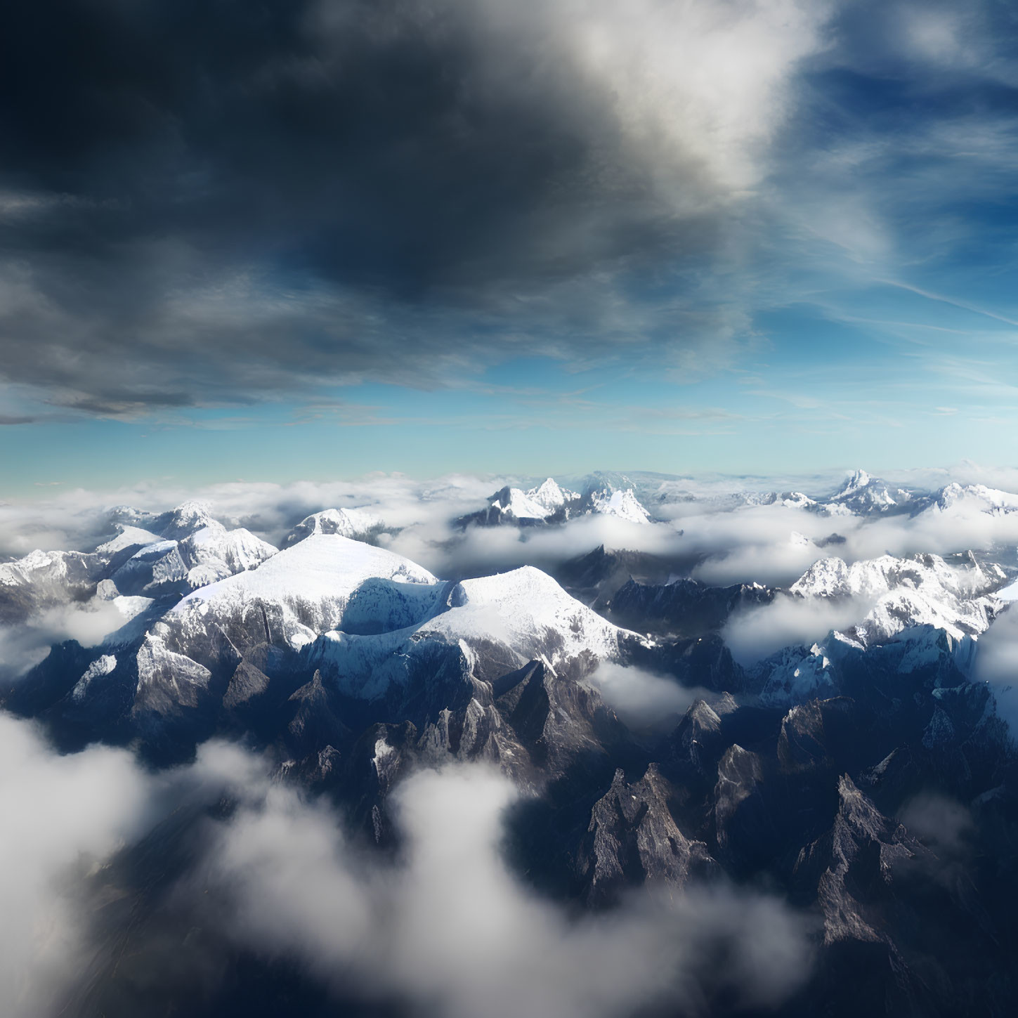 Snow-capped Mountain Peaks Above Clouds in Aerial View