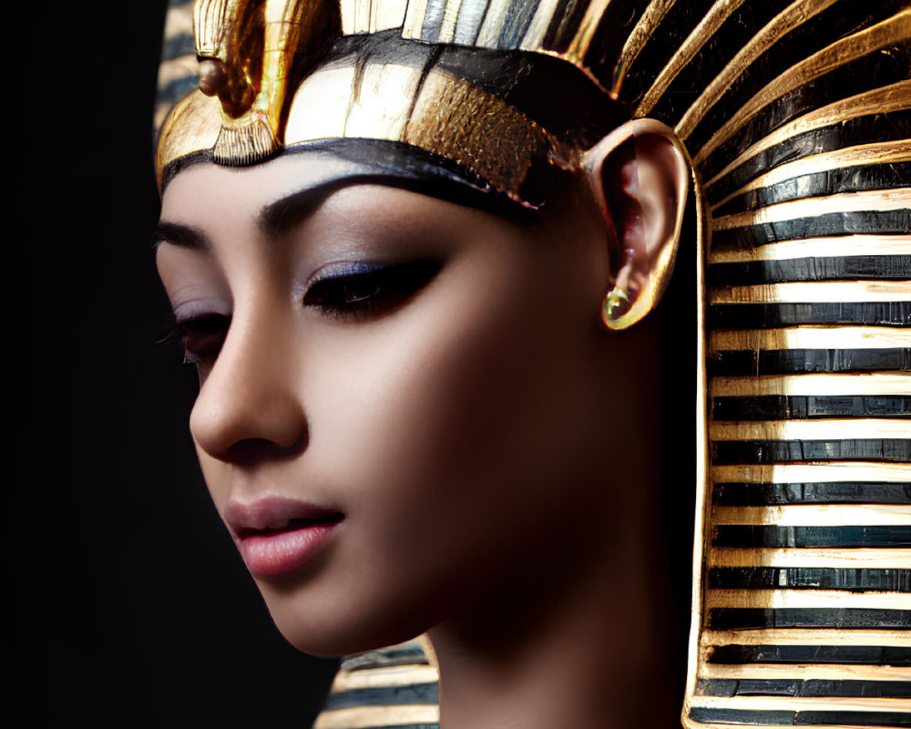 Person with Ancient Egyptian Pharaoh Headdress in Gold and Black Stripes