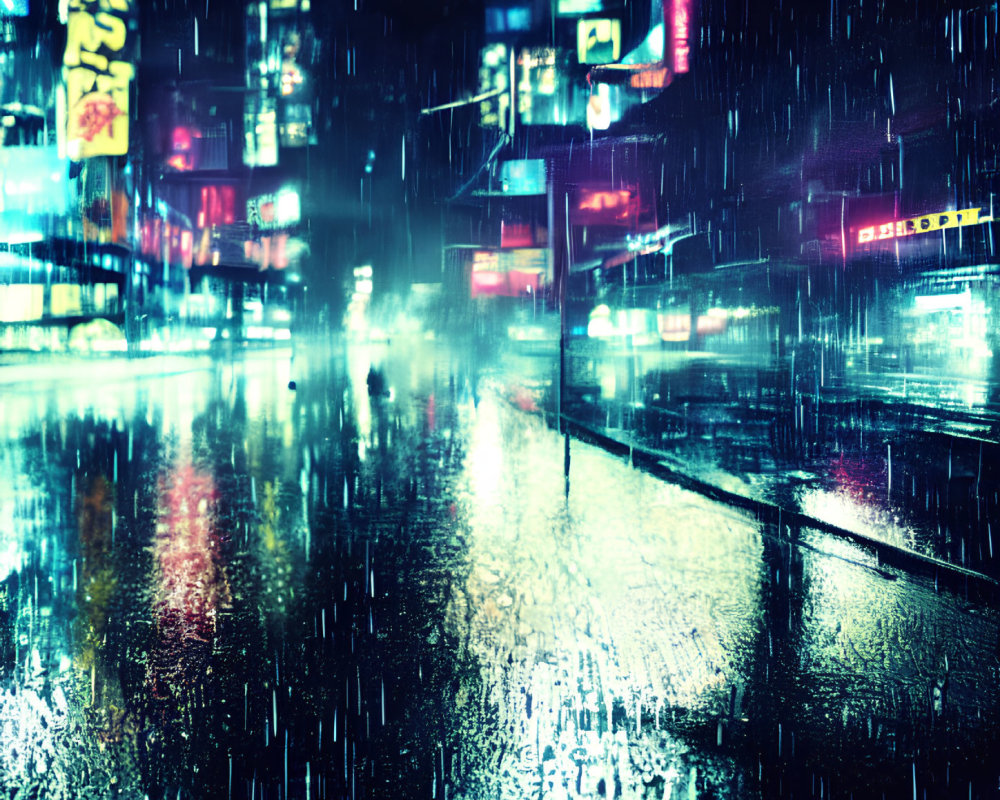 Rain-soaked street at night reflecting neon lights in vibrant urban scene.