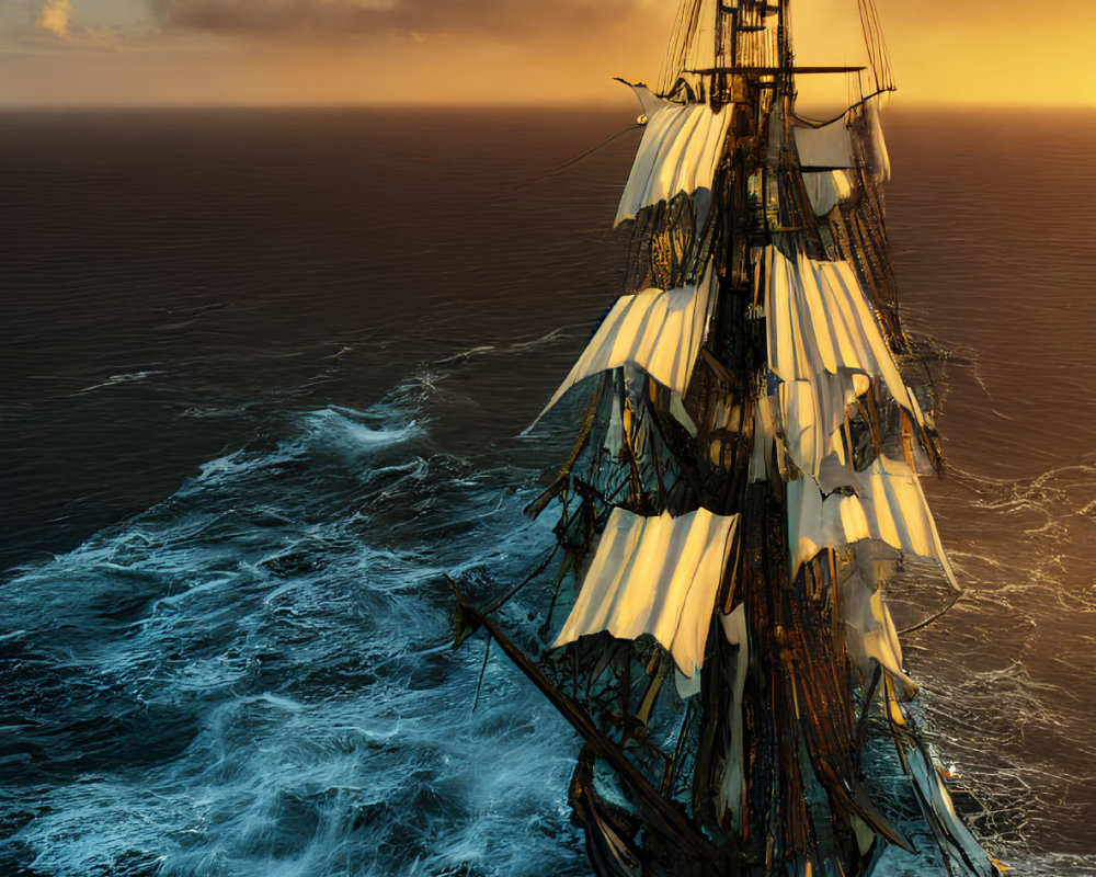 Tall ship sailing on vibrant blue ocean under dramatic sunset sky