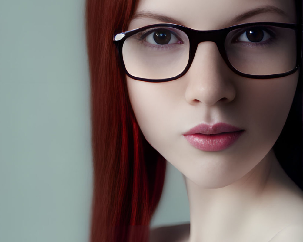 Red-haired woman with glasses and subtle makeup on light blue background