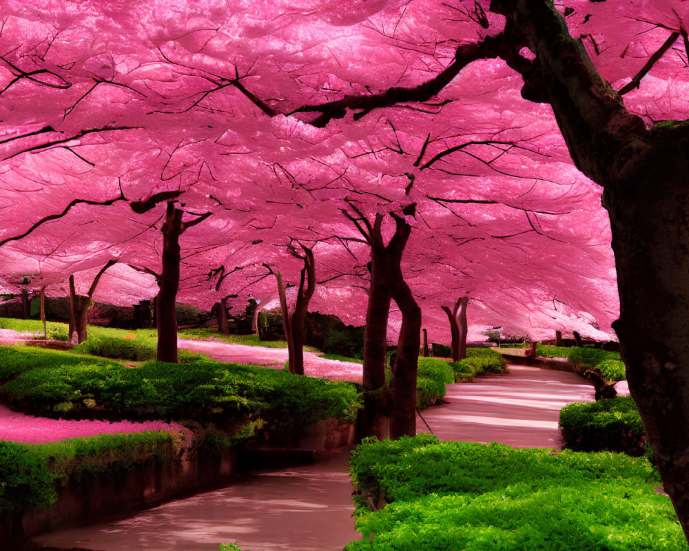 Lush pink cherry blossoms over green park with stream