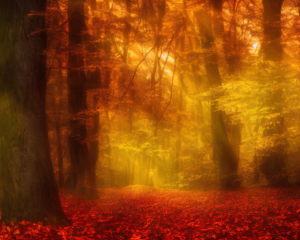 Golden sunlight illuminates autumn forest with red leaves carpet