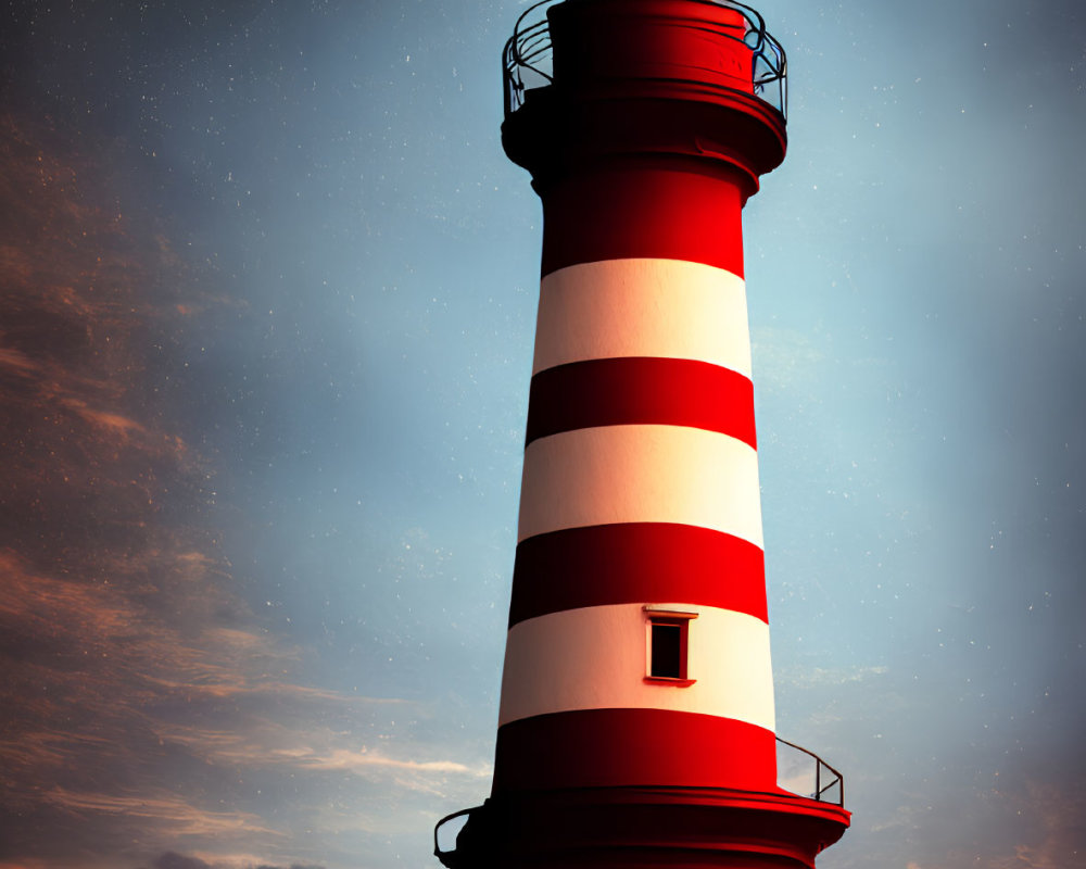 Red and White Striped Lighthouse on Rocky Terrain at Twilight