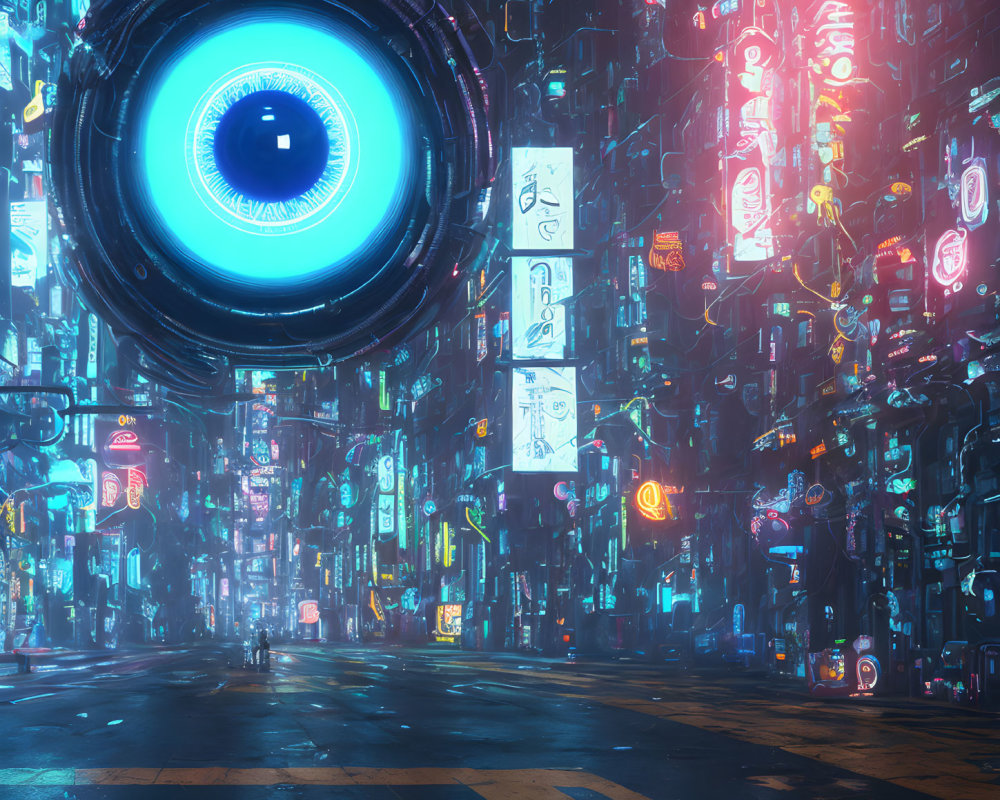 Futuristic neon alley with towering illuminated signs and giant blue eye structure