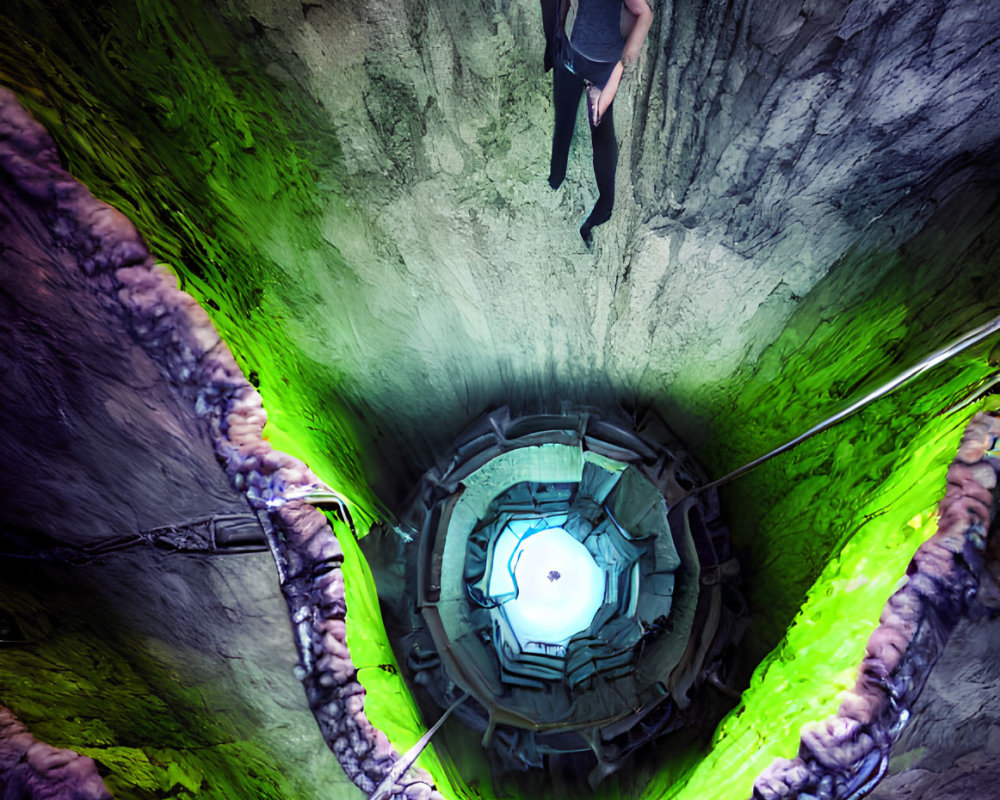 Person suspended above futuristic hatch in illuminated shaft with cables and green hues