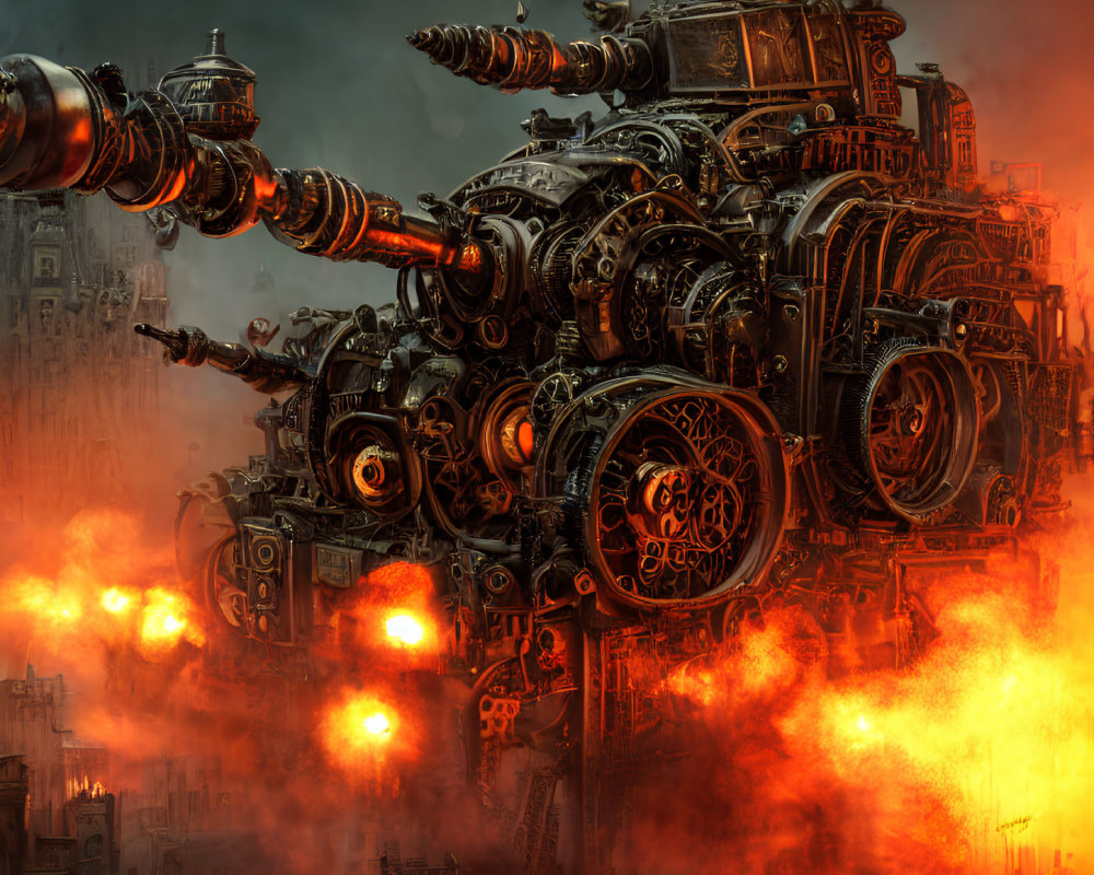 Intricate steampunk war machine fires cannons in dystopian city